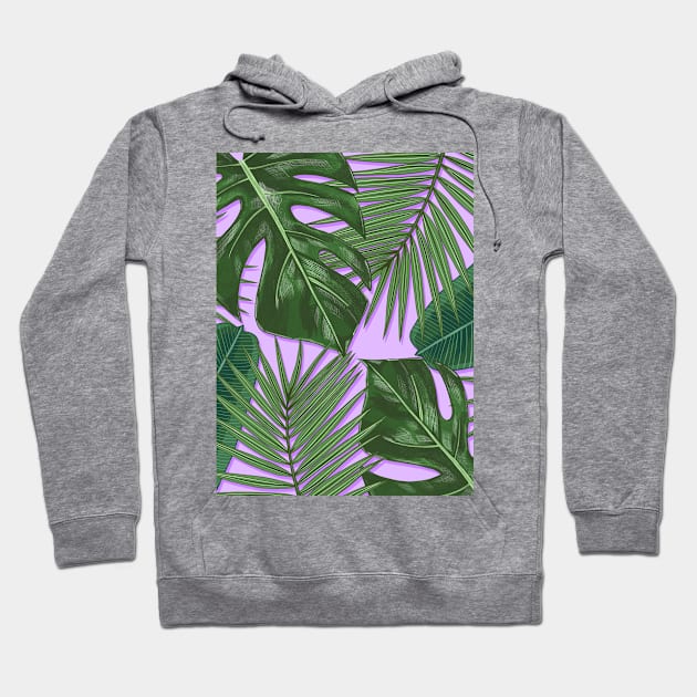 Monstera, Spider Palm, Tropical Leaves Print on Purple Hoodie by OneThreeSix